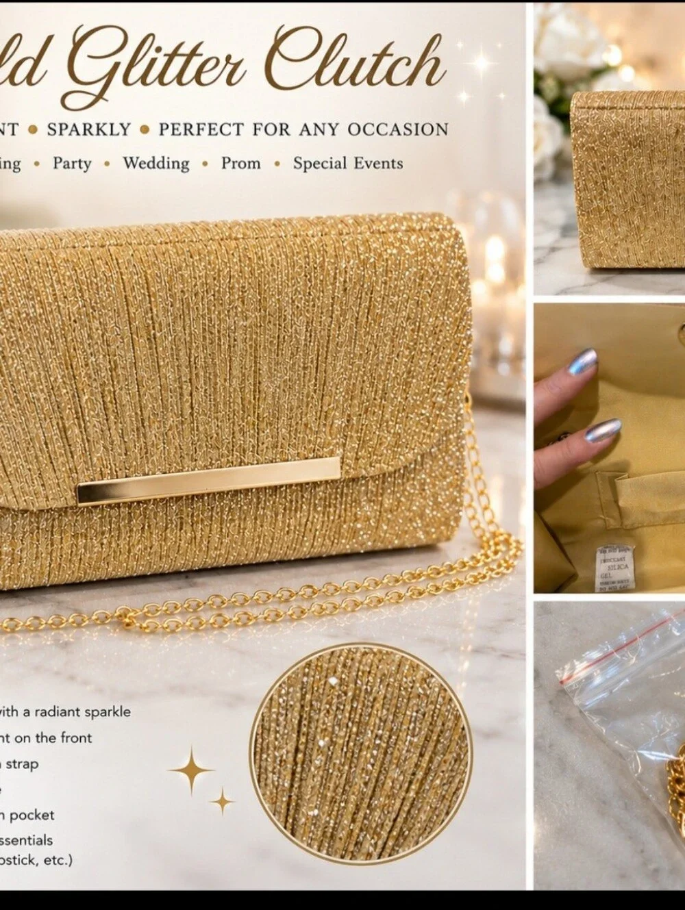 Gold Glitter Clutch Bag with Chain Strap